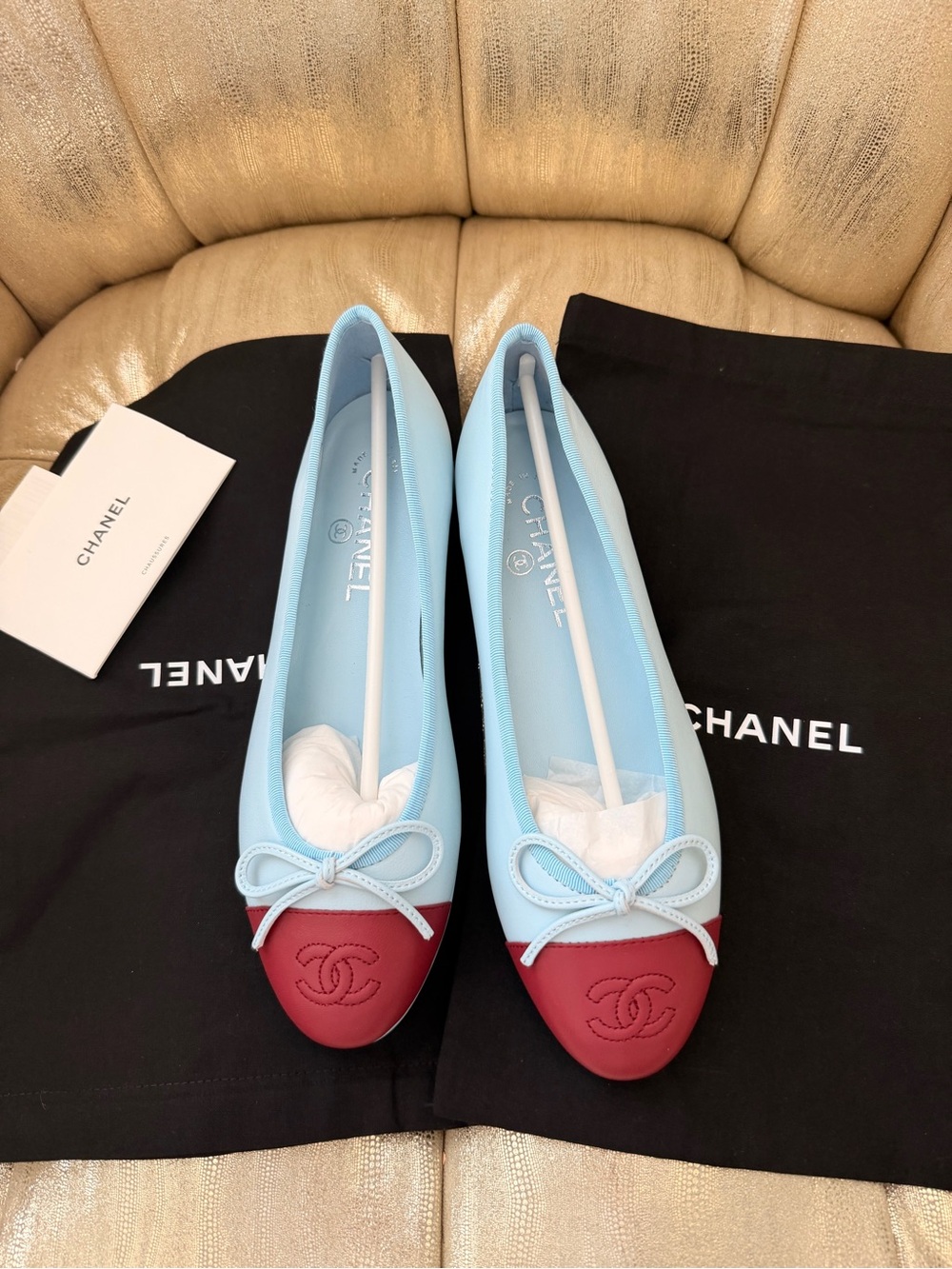 CHANEL Light Blue Leather Ballet Flats with Burgundy ,G02819 ,
